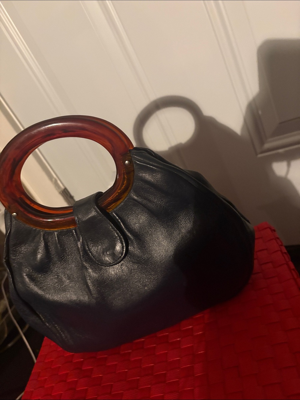 Blue Vintage Leather Handbag with Amber Ring Handles